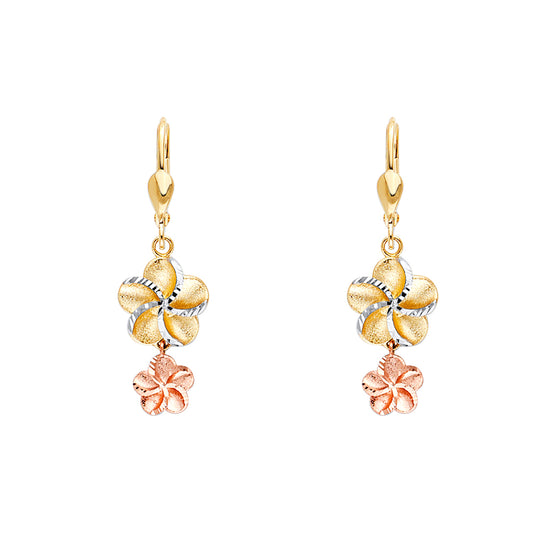 14K 3C Hawaiian Flower Lever Back Earrings